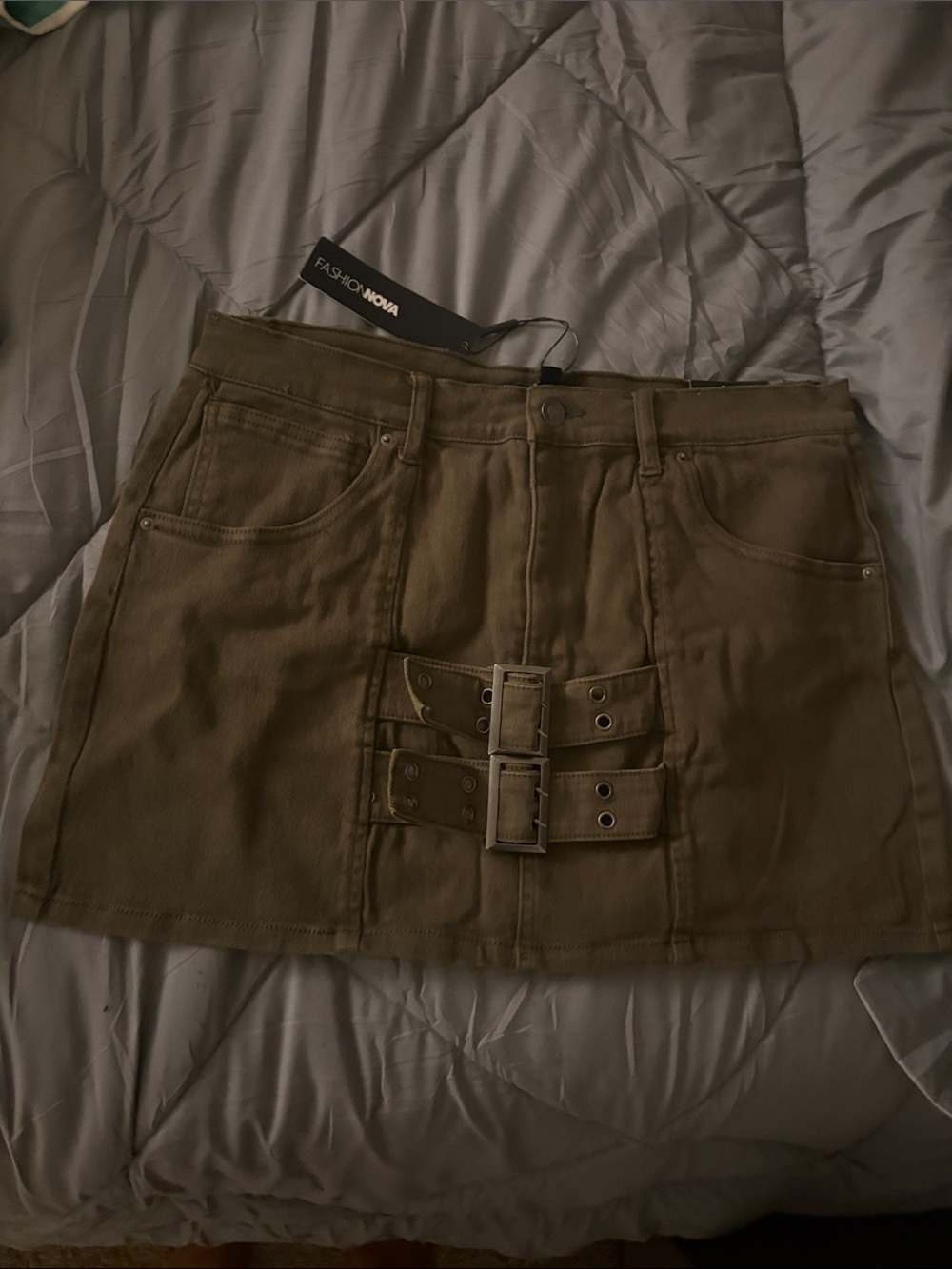 Fashion Nova Olive Buckle Front Mini Skirt